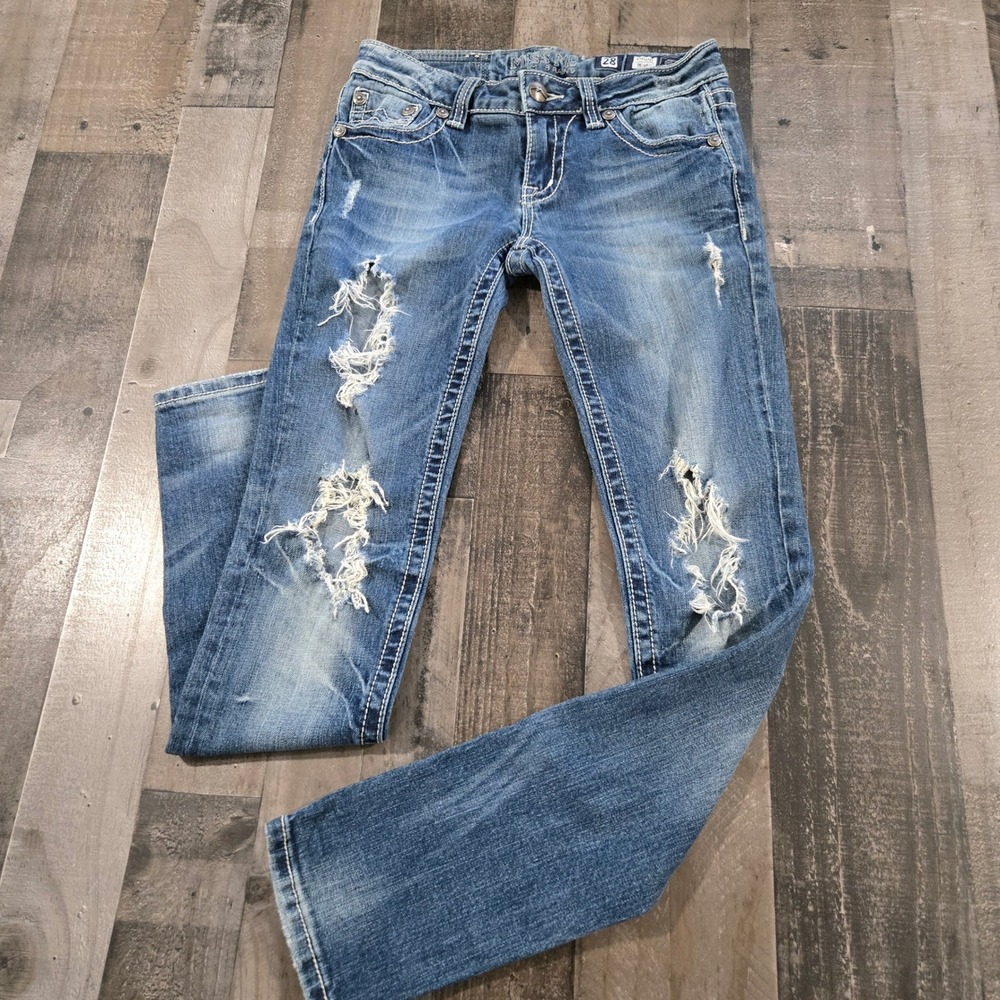 Miss Me Sunny Skinny Distressed Jeans 28 Medium Wash Low Rise Thick Stitch